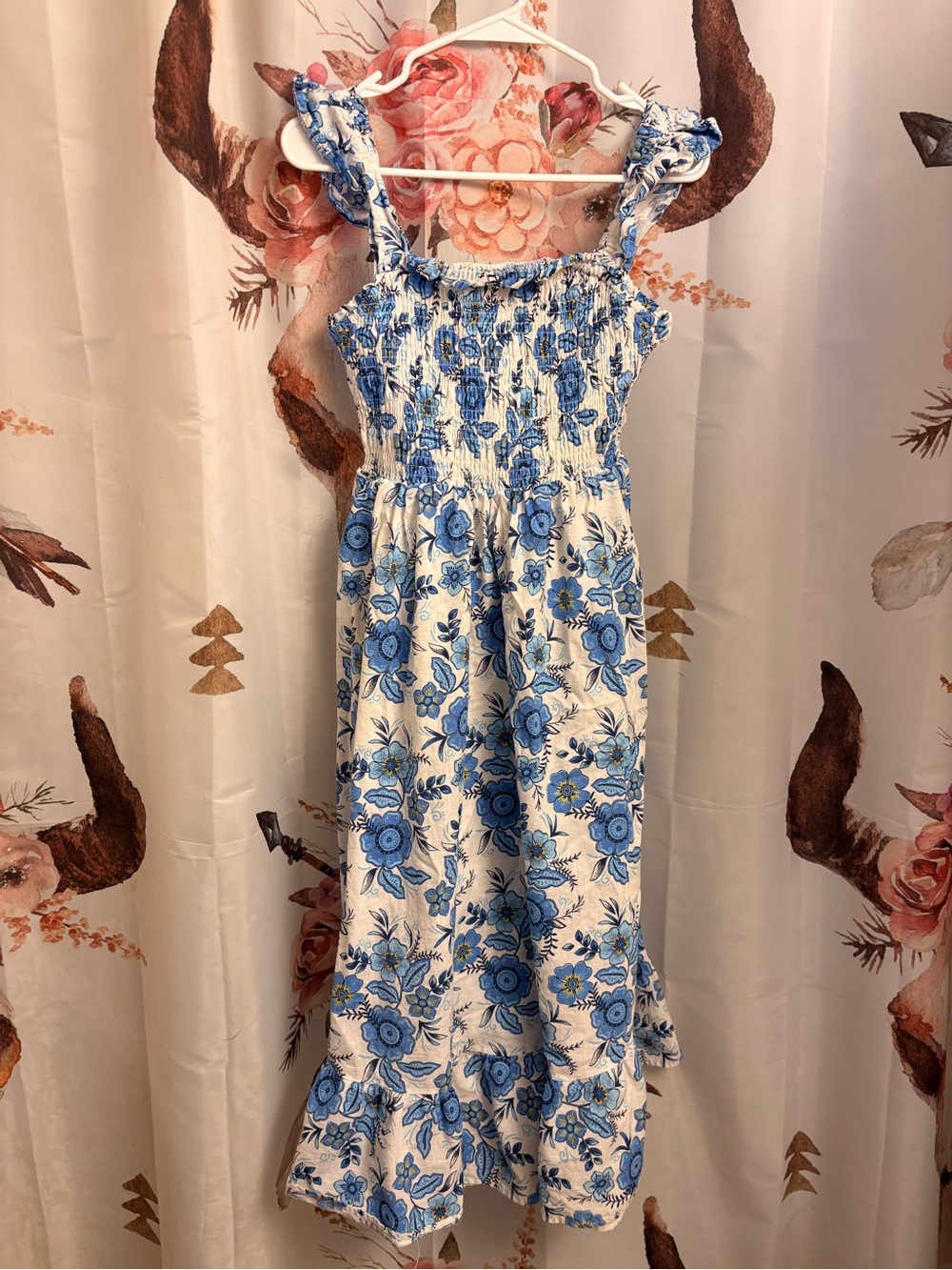 Size 4 Blue Floral Smocked Maxi Dress - Women